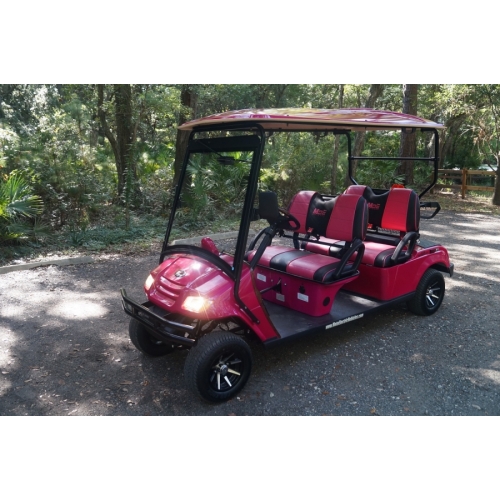 MotoEV 4 Passenger Forward Facing Street Legal Golf Cart front-left angle red
