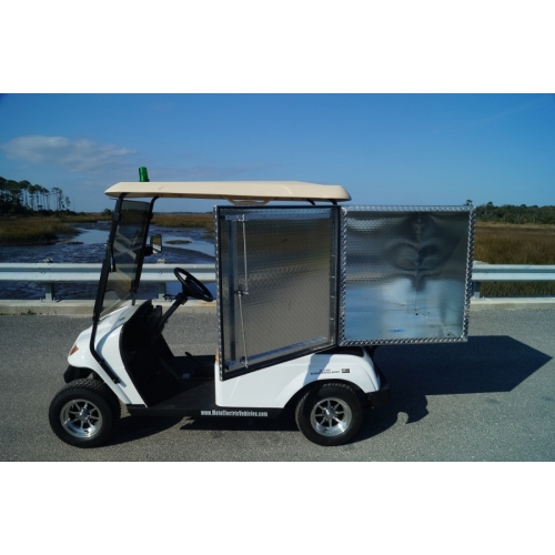 MotoEV 2 Passenger Enclosed Utility Golf Cart- Non Street Legal left side storage door open