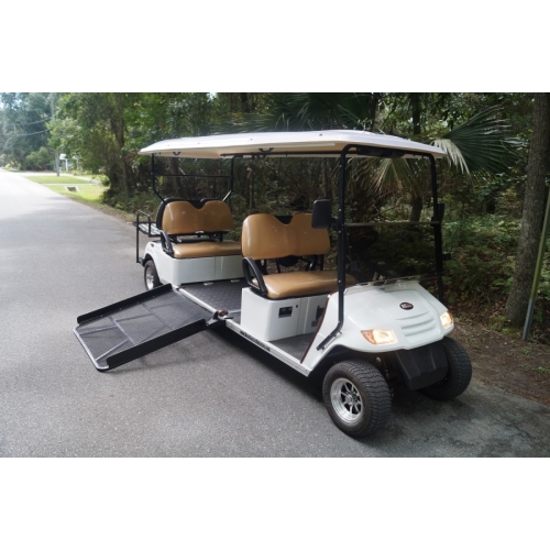 MotoEV 6 Passenger Wheel Chair Golf Cart front right view angle wheel chair ramp open