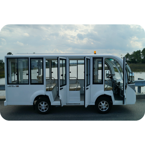 MotoEV Electro Transit Buddy 9 Passenger Hard Door Shuttle white open doors