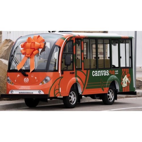 MotoEV Electro Transit Buddy 9 Passenger Hard Door Shuttle custom orange-green