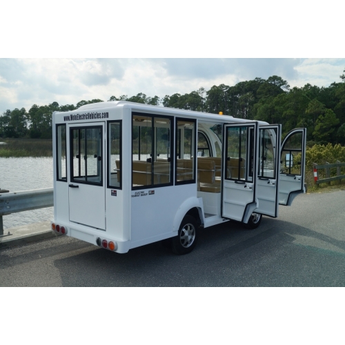 MotoEV Electro Transit Buddy 9 Passenger Hard Door Shuttle white back- right angle open doors